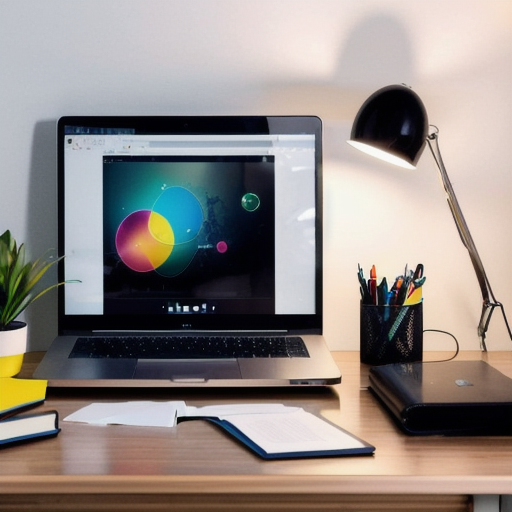 Corporate office workspace with reports and laptop, no people